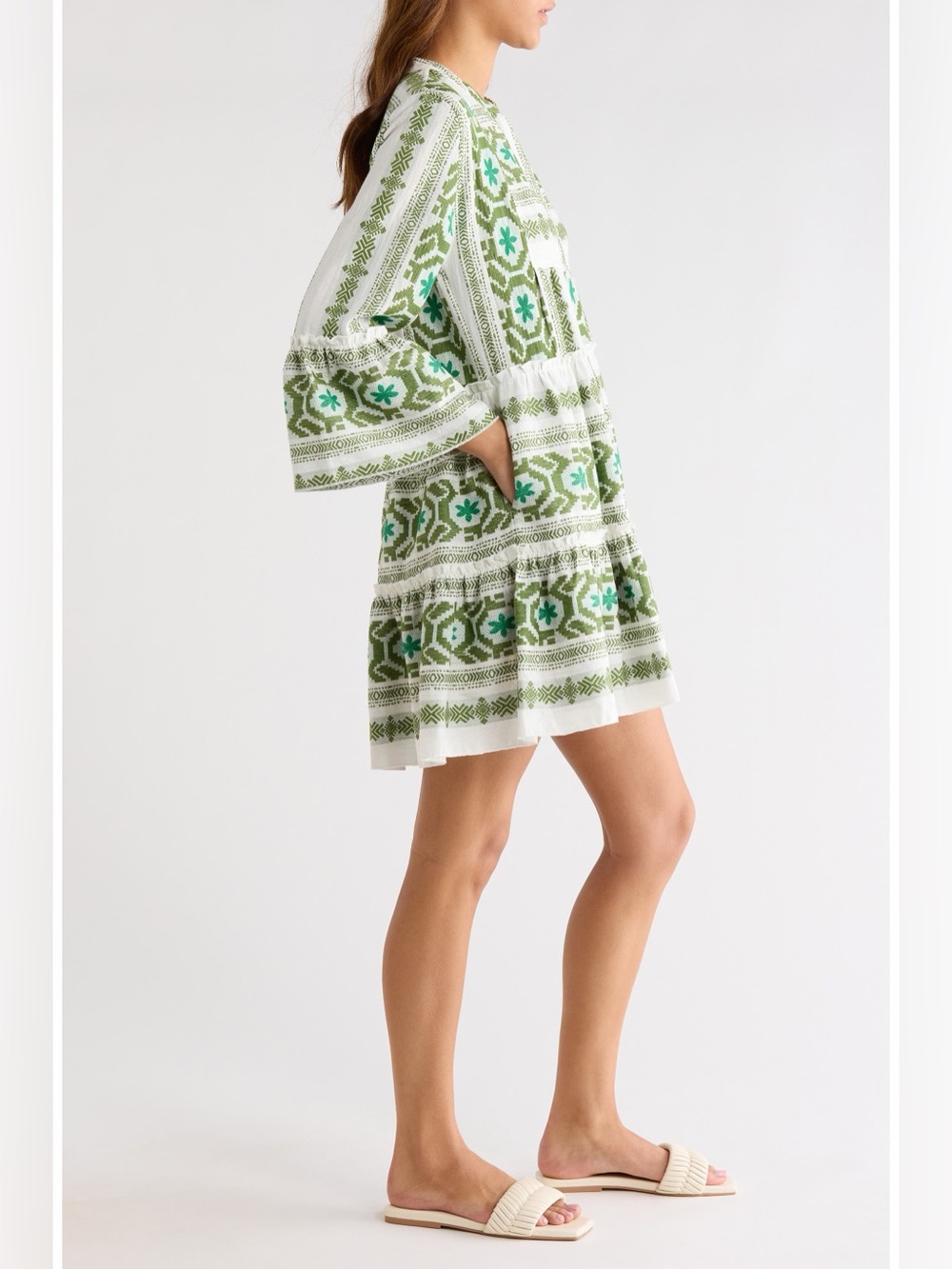 Elan Tiered White and Green Embroidered Mini Dress - Picture 4 of 11